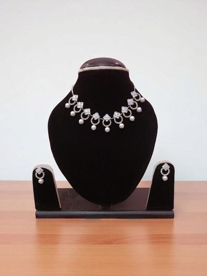 Elegant AD Necklace Set with Pearl Drops & Earrings – Anti-Tarnish Jewelry