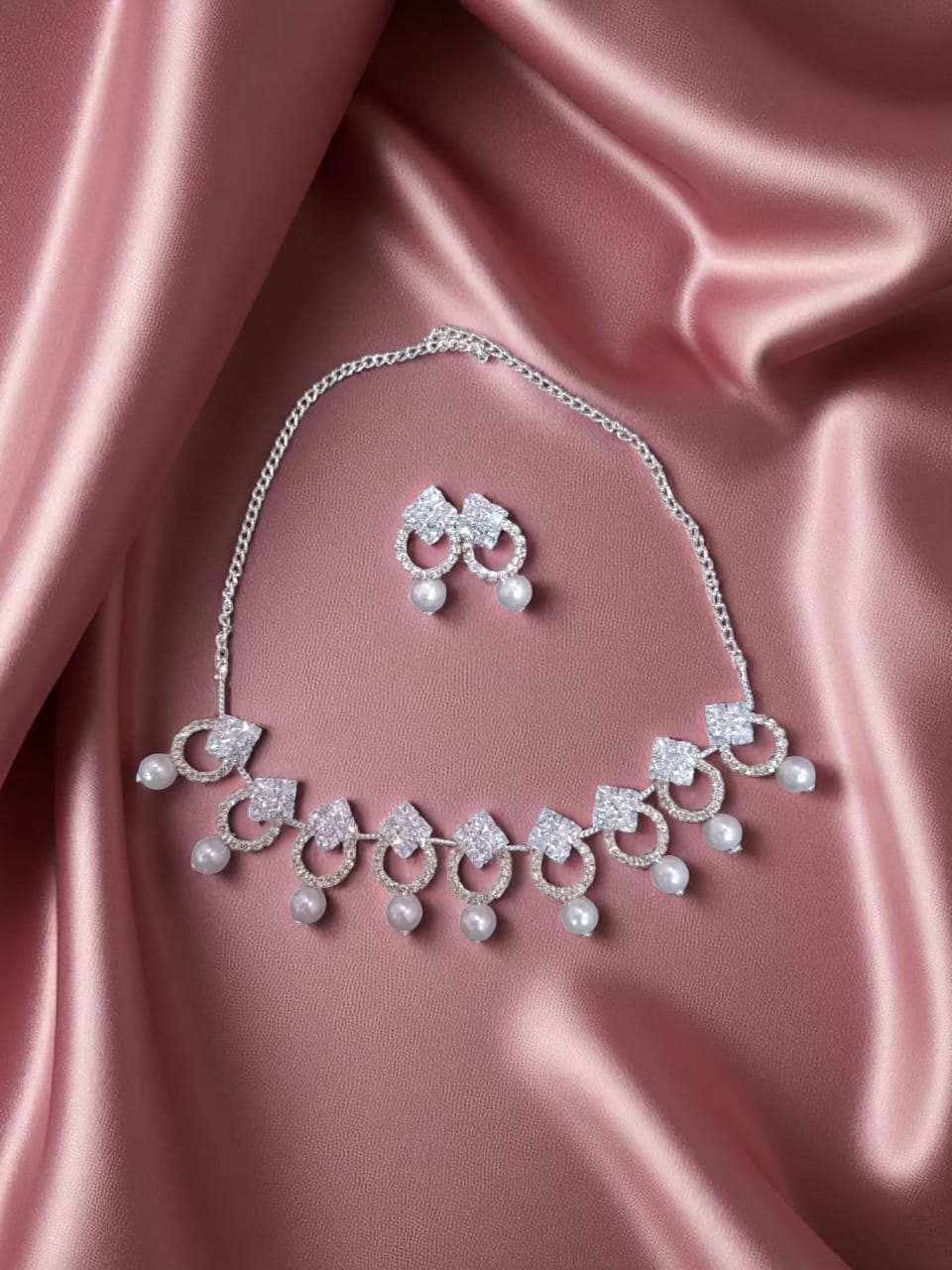 Elegant AD Necklace Set with Pearl Drops & Earrings – Anti-Tarnish Jewelry