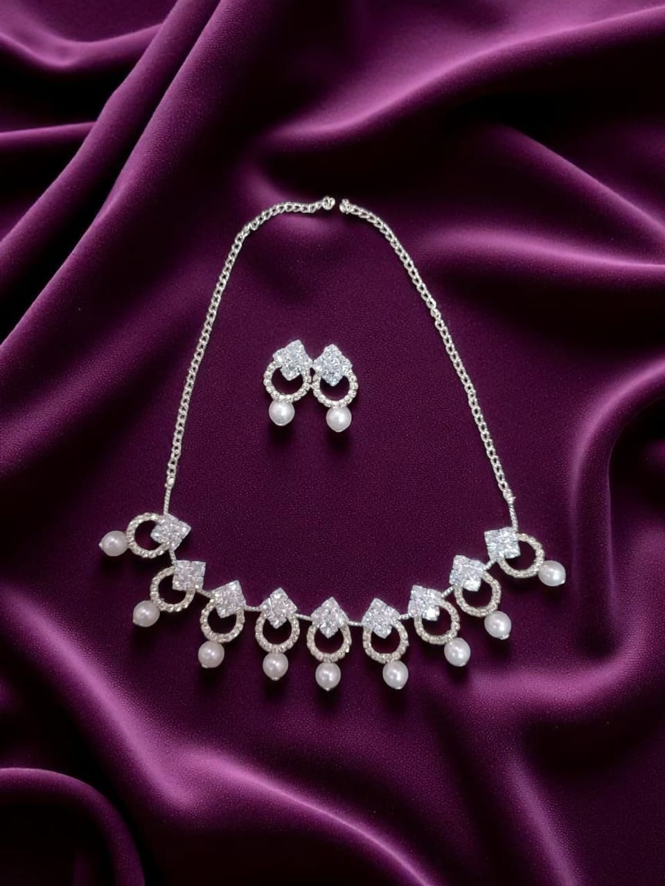 Elegant AD Necklace Set with Pearl Drops & Earrings – Anti-Tarnish Jewelry