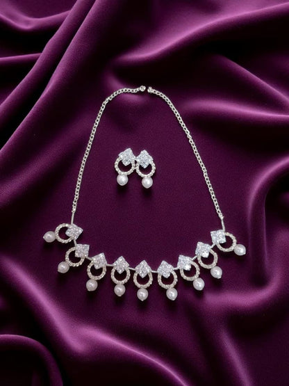 Elegant AD Necklace Set with Pearl Drops & Earrings – Anti-Tarnish Jewelry