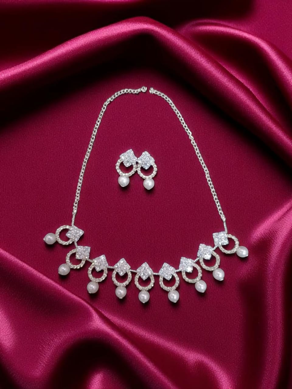 Elegant AD Necklace Set with Pearl Drops & Earrings – Anti-Tarnish Jewelry