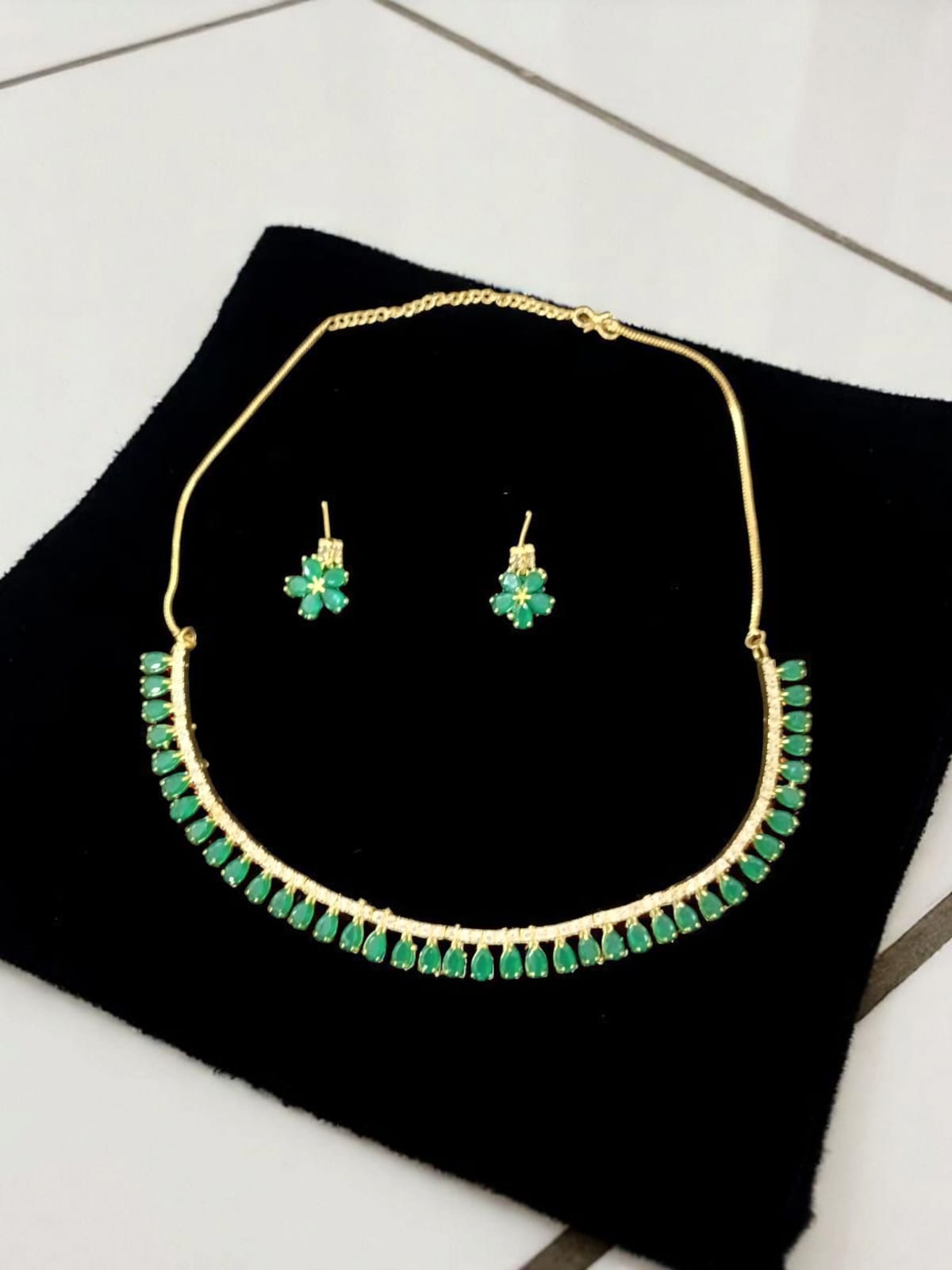 Elegant Green Stone Necklace Set with Earrings – Gold Plated Jewelry