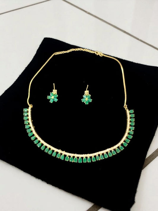 Elegant Green Stone Necklace Set with Earrings – Gold Plated Jewelry